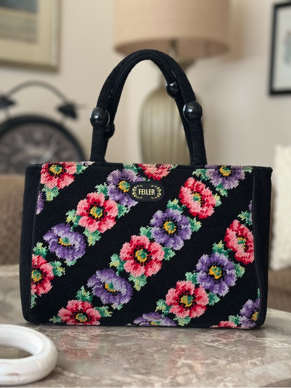 FEILER collectible carpet bag/Black Floral Needlepoint Tote